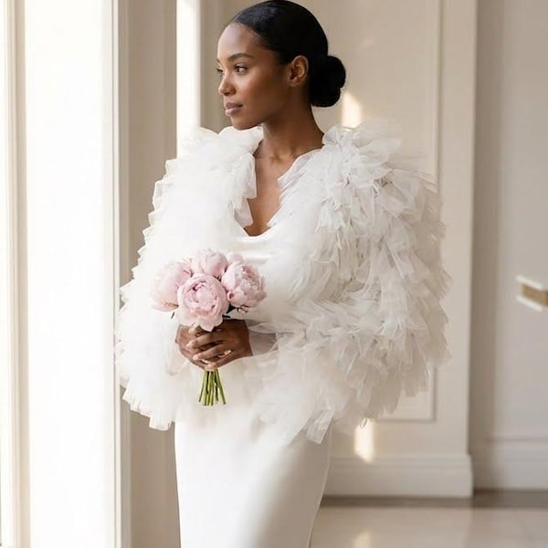 Eva Weiß Tüll Rüschen Kurzjacke - Langarm Hochzeit Bolero Cape