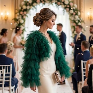 Eva Emerald Green Tulle Crop Jacket: Ruffle Sleeve Bolero (Size XS-XL)