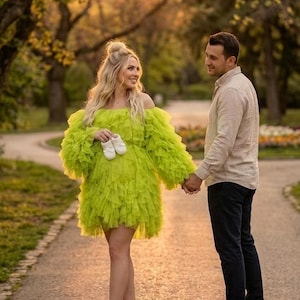 Eva Mini Dress: Chartreuse Tulle Puffy Long Sleeve Custom Fit