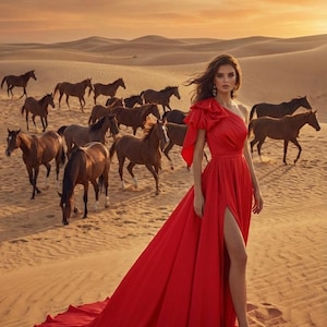 May include: A woman in a flowing red, one-shoulder dress stands in a desert landscape with a herd of brown horses. The dress has a high slit and a long train. The sky is a warm orange and yellow.