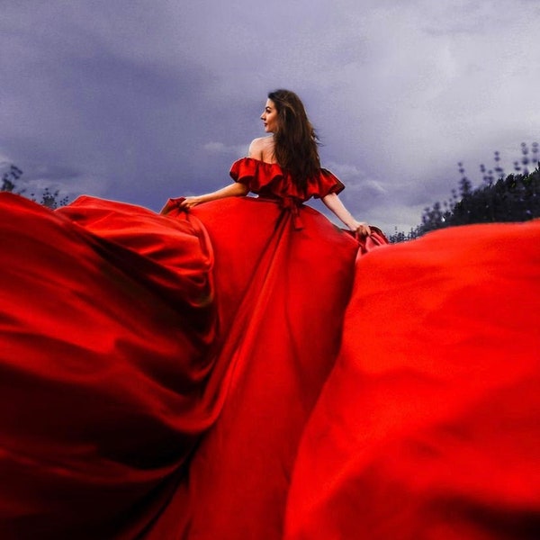 Alana // Fast shipping // Satin red dress for engagement photo shoot, Very long flying train, Flowy engagement red dress, Custom color