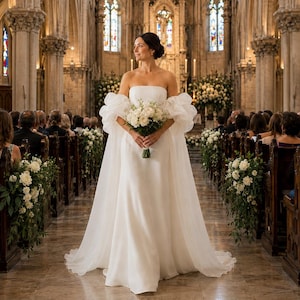 Könnte beinhalten: Ein trägerloses weißes Brautkleid mit voluminösen, transparenten Puffärmeln und einem bodenlangen Rock. Das Kleid wird mit einem Strauß aus weißen Blumen und Grün kombiniert, vor der Kulisse eines Kircheninnenraums mit Steinsäulen.