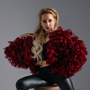 Sia Ruffle Chiffon Crop Jacket: Long Sleeve Cape - Festival Outfit