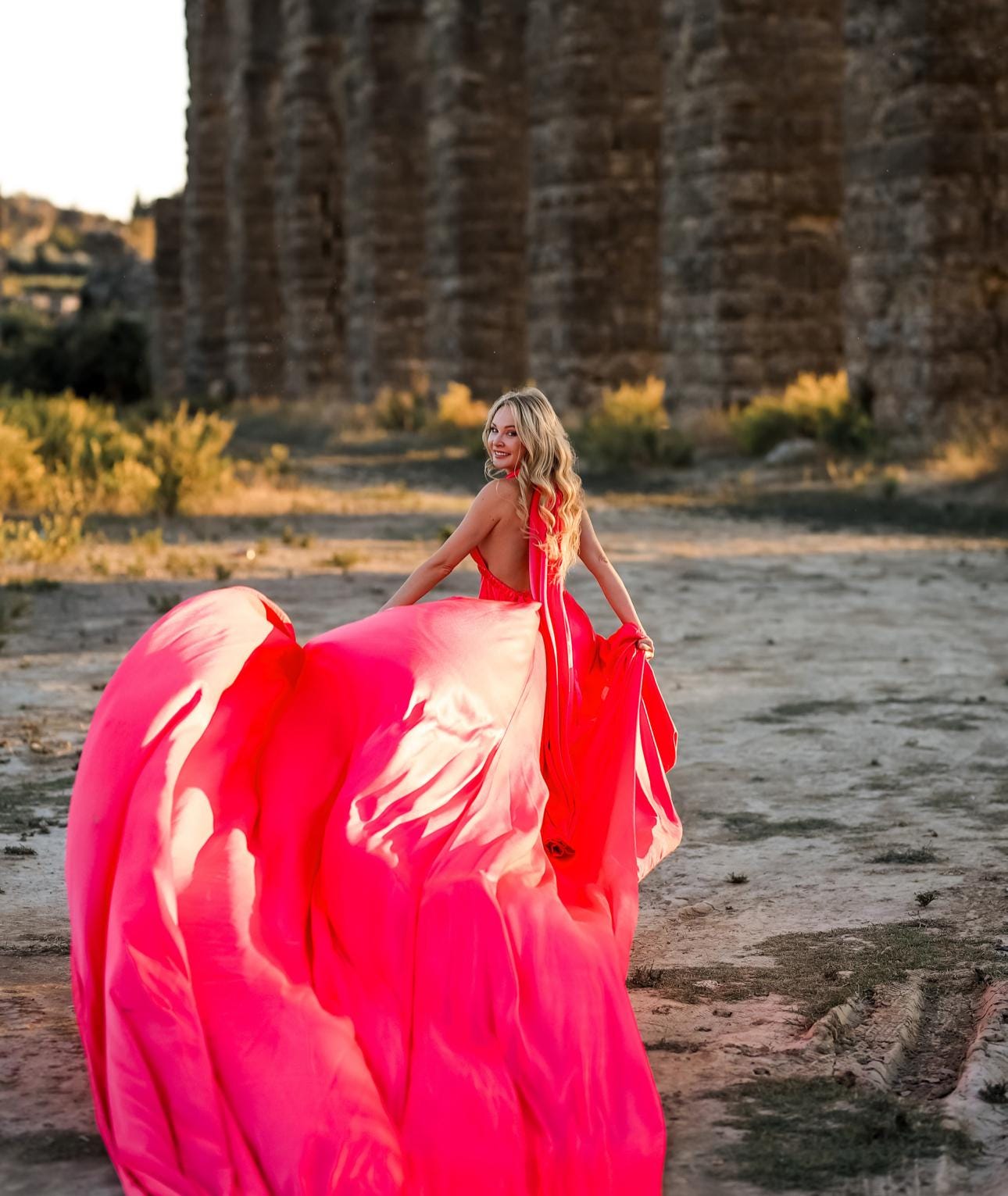 open lace back dress Violaine Coral Convertible Maxi Dress