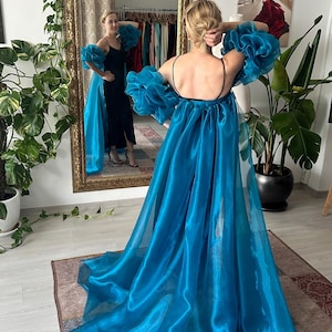 Heather organza opera cape in sapphire blue color Beautiful sleeves and flowy tail like an accessories to outfit Mokkocape