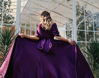 DIANA パープル/フラワーシシュウチュール Diana Dress With Wide Skirt (sun Skirt) and Slit in Plum