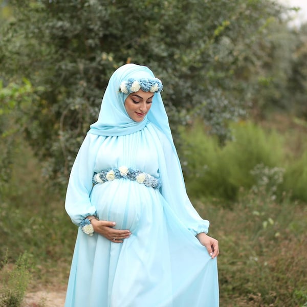 Faina // Fast shipping // Muslim hijab dress for maternity photo shoot shooting gown with long train, Islamic dress for baby shower party