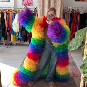 Andrea long sleeves ruffled long coat in rainbow colors LGBTQ Custom length, size and sleeve length Pride parade outfit