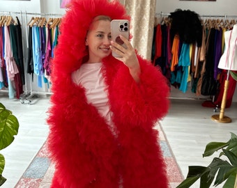 Andrea hoodie ruffles coat in bright red color // Custom color Multiple size festival outfit Long sleeves ruffles tulle fur coat