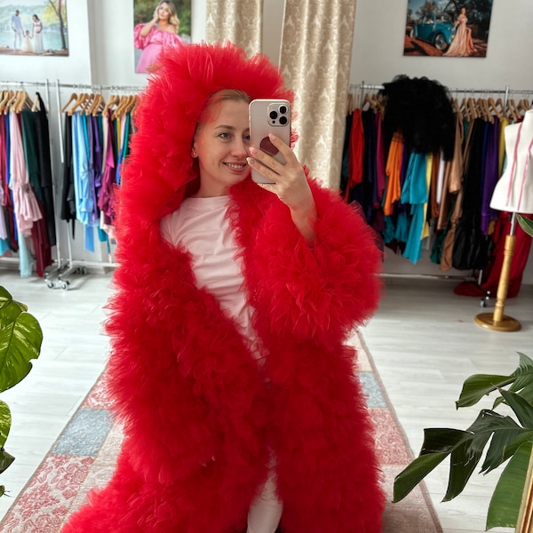 Andrea Red Ruffle Tulle Coat: Custom Festival Hoodie