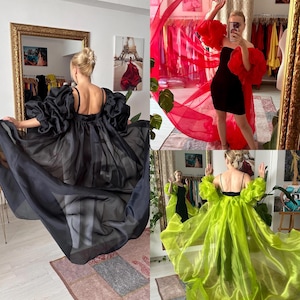 May include: A collection of three dresses featuring a black mini dress with red organza sleeves, a black gown with voluminous sheer sleeves, and a lime green gown with sheer sleeves. Each garment includes thin straps and a flowing skirt design.