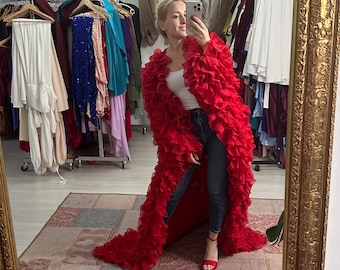 Sia Roter Chiffon Rüschen Mantel : Langarm Festival Cape Voluminöses Statement Cover up
