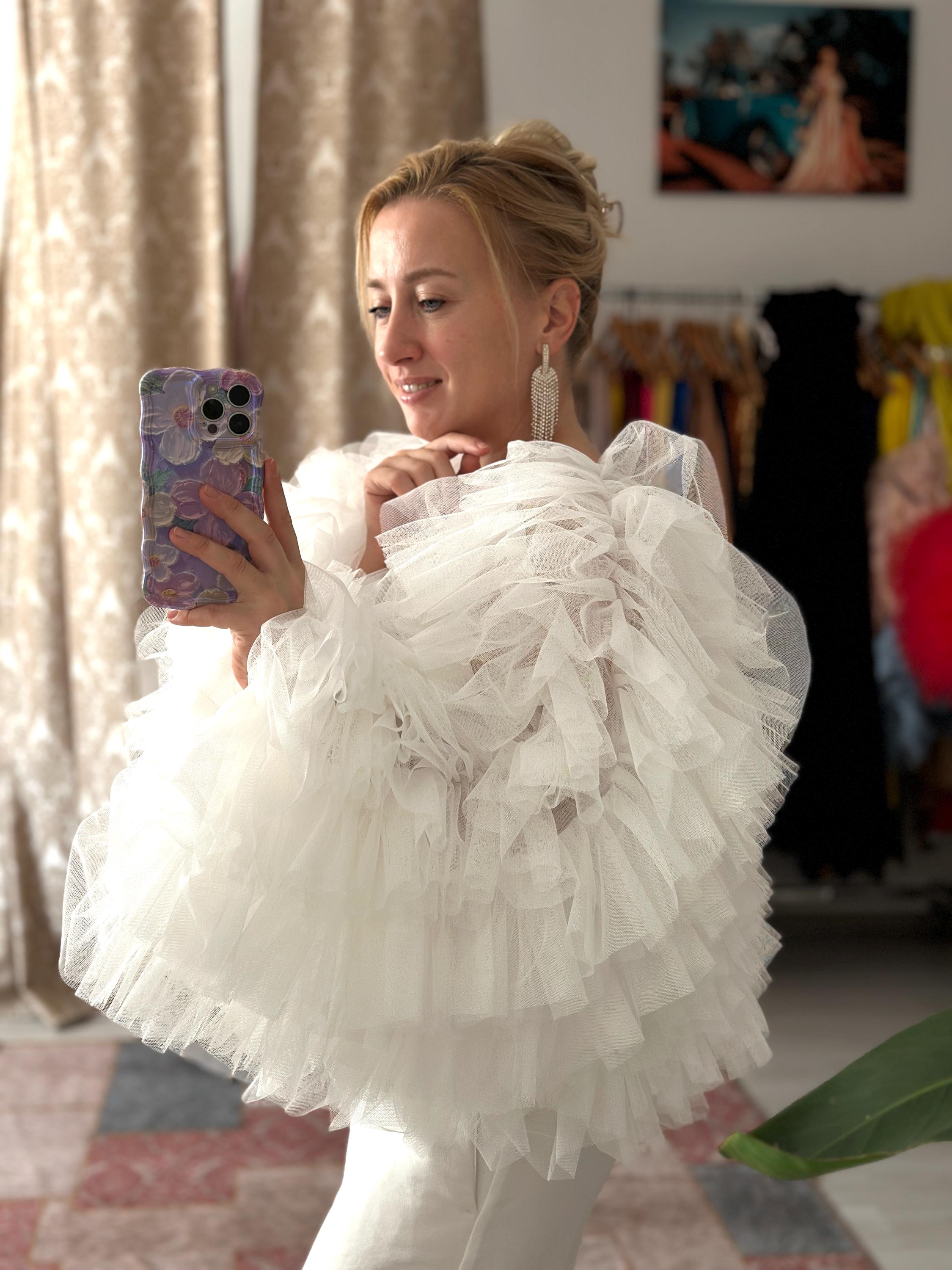 Eva White Tulle Ruffle Crop Jacket - Long Sleeve Wedding Bolero
