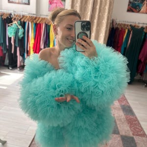 Andrea long sleeves bomber in bright turquoise color MY166 Puff chunky bomber Length 70 cm 28 inches Custom color Multiple sizes product
