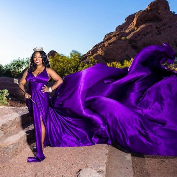 Diana dress in royal purple color // Maxi long flowy dress with flying maxi train for photo shoot, One size dress photography props