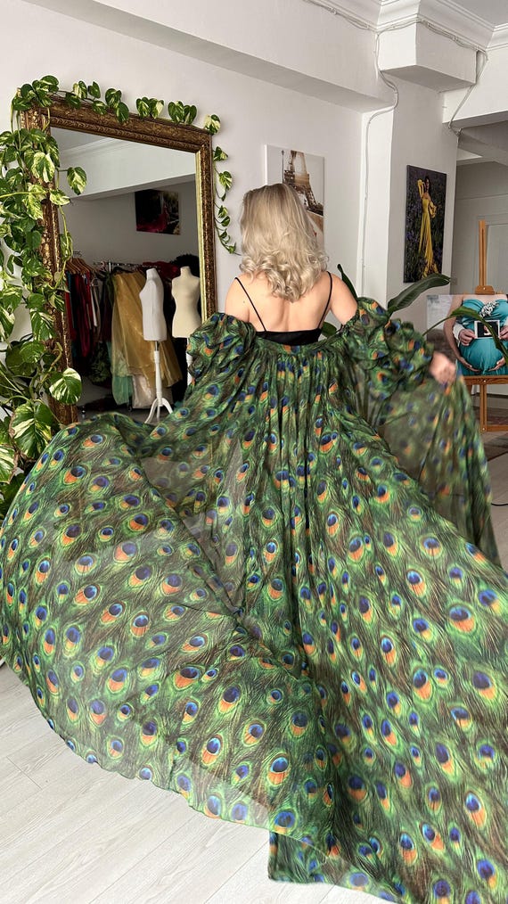 peacock print chiffon dress Heather Peacock Feather Chiffon Cape Veil: Light Flowy Limited Edition