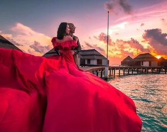 red flowy gown