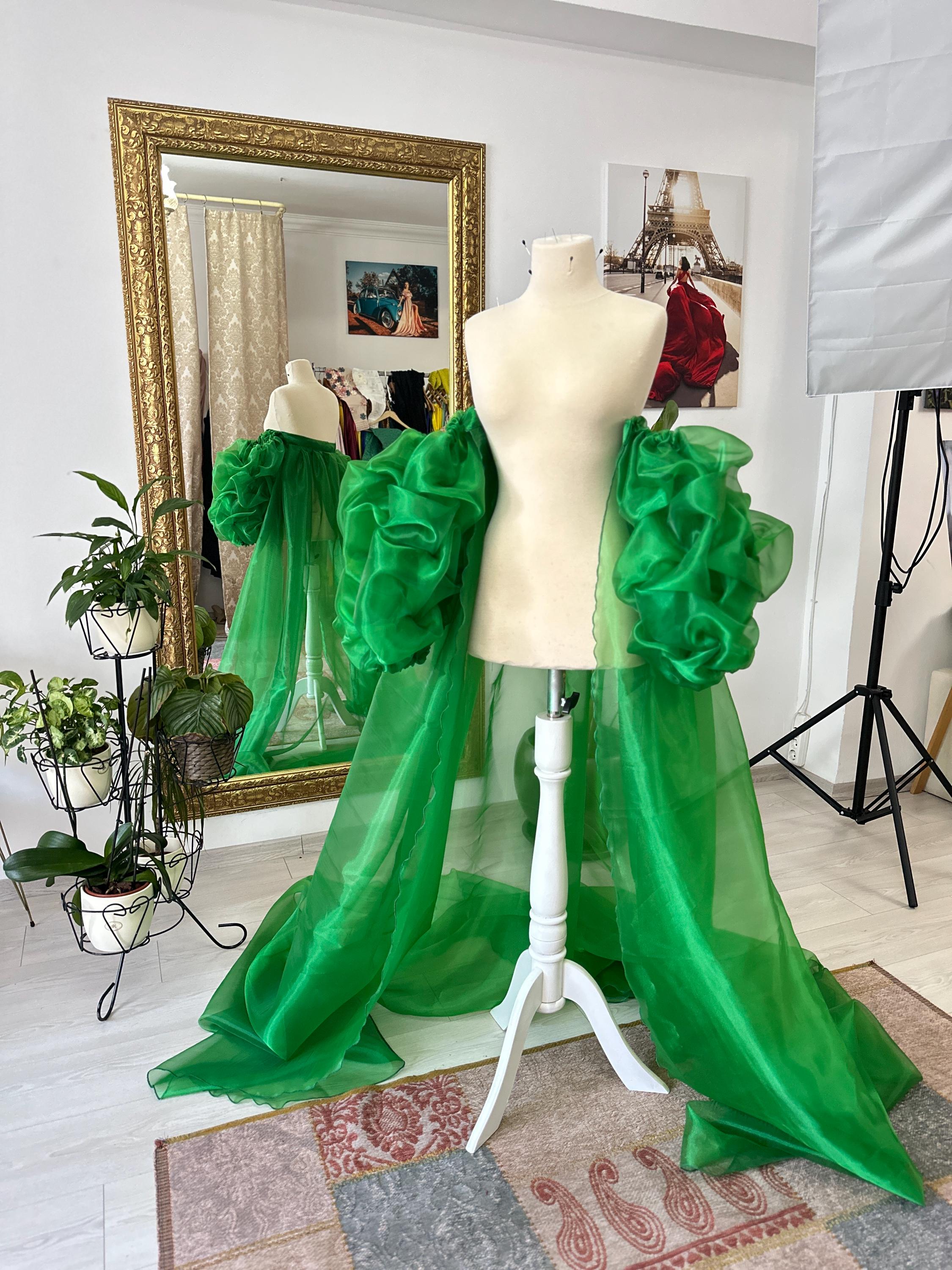 Heather Kelly Green Organza Cape Veil: Puffy Sleeves, Long Tail