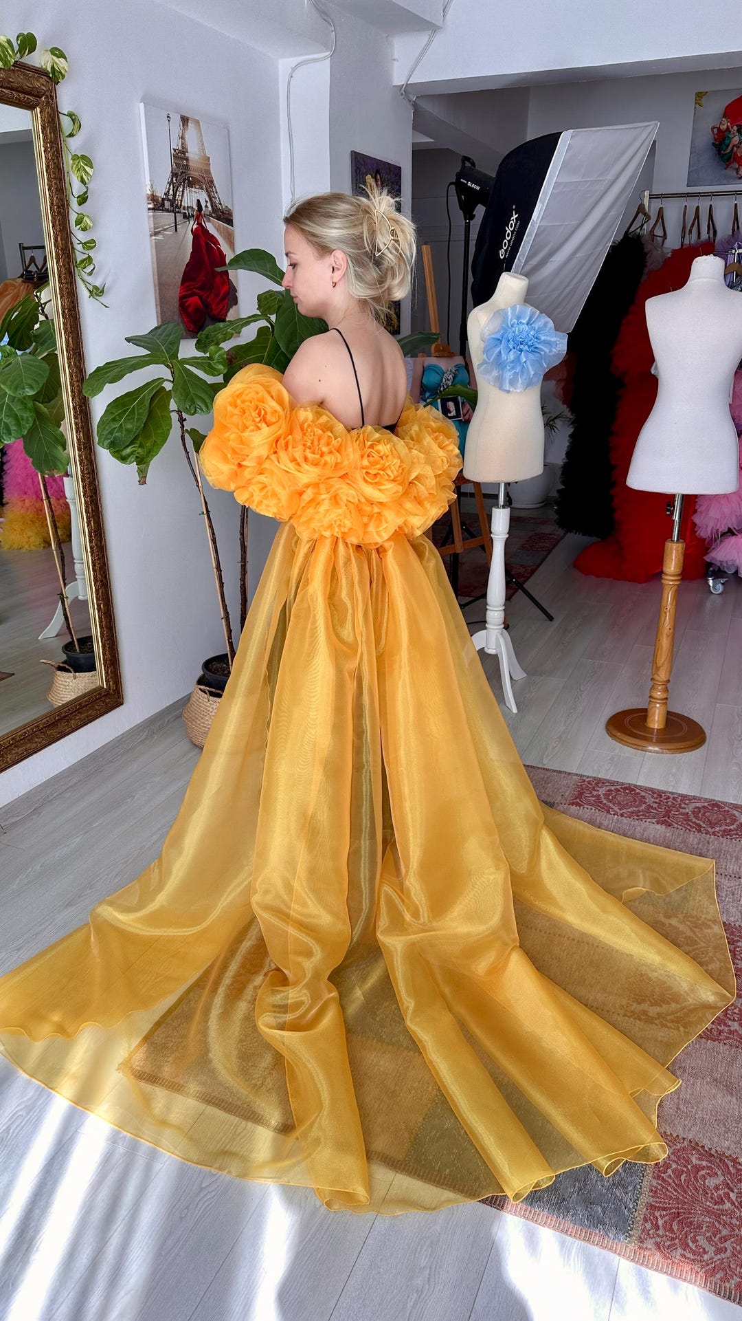 Orange Floral Printed Organza Cape Set main image 0