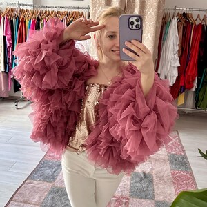 Eva zacht tule jack met lange mouwen en ruches in droge roze kleur LT143 Maat XS-XL Party-evenementoutfit Perfect item voor koffer
