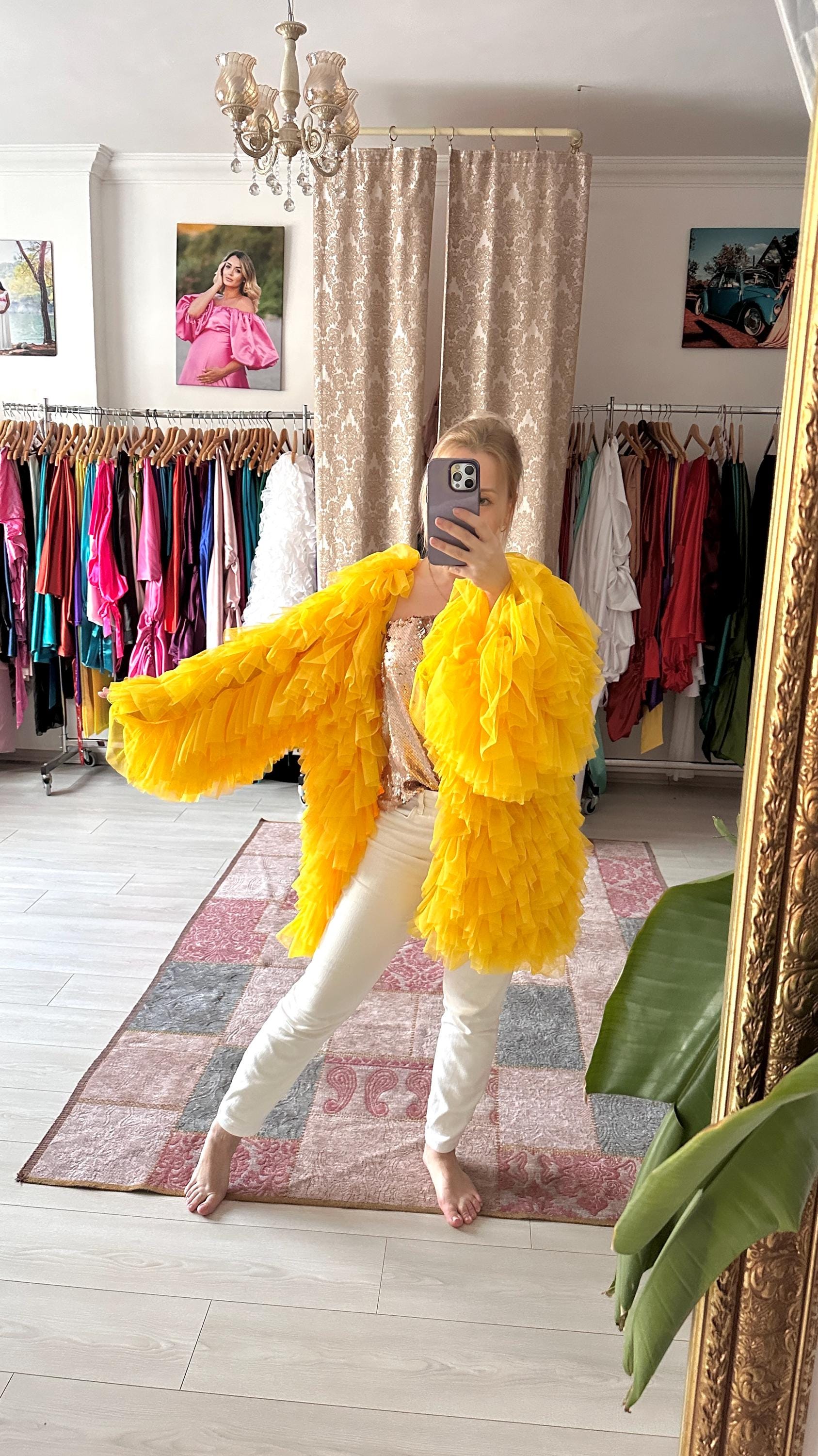 Eva soft tulle ruffled bomber in special bright yellow color Length 70 cm-28 inches Custom size Party Festival yellow outfit Artist costume