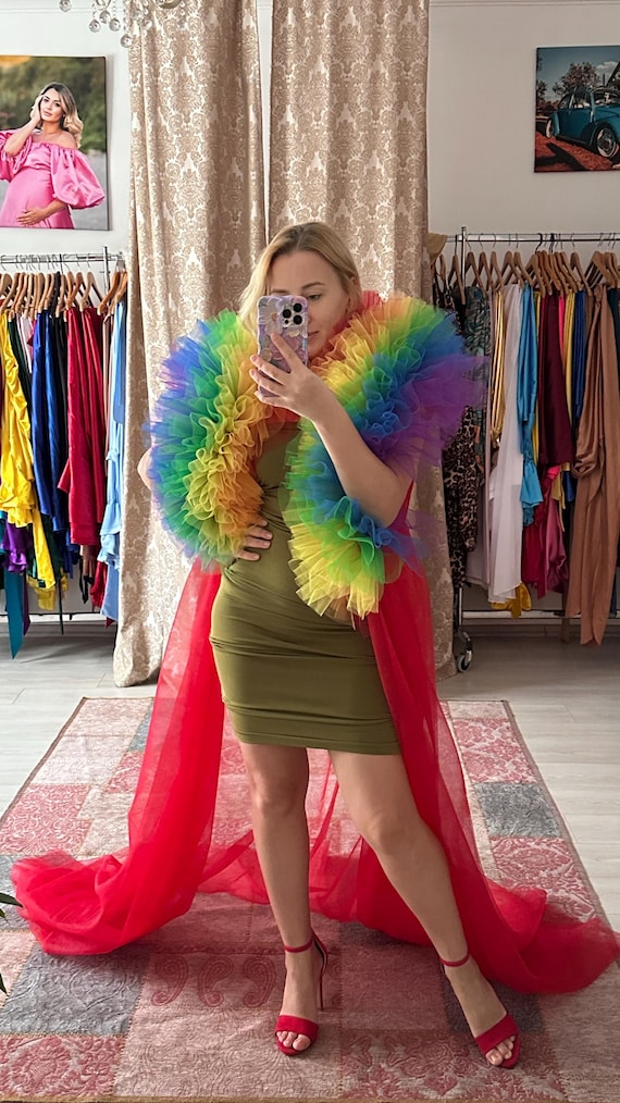 Sandra rainbow colors LGBTQ friendly cape Long tail red tulle cape Pride parade outfit