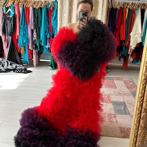 Andrea ruffles tulle coat in 3 ombre colors VS fashion show red coat Tulle mixed colors long sleeve long coat cape cloak Size XS-L