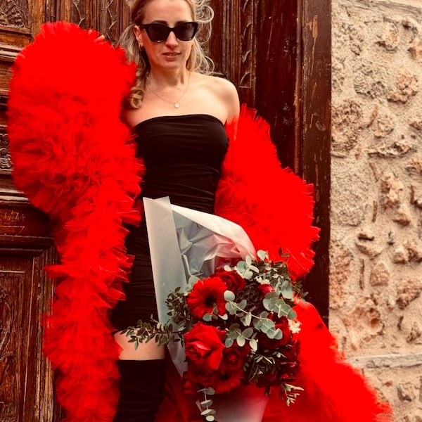 Andrea Red Ruffled Maxi Coat: Chunky Long Sleeve Custom Couture