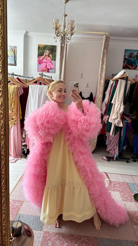 【 Aurora boutique 】French Pink Salopette Andrea Tulle Coat in Sweet Pink Color MY142 Tulle Ruffles