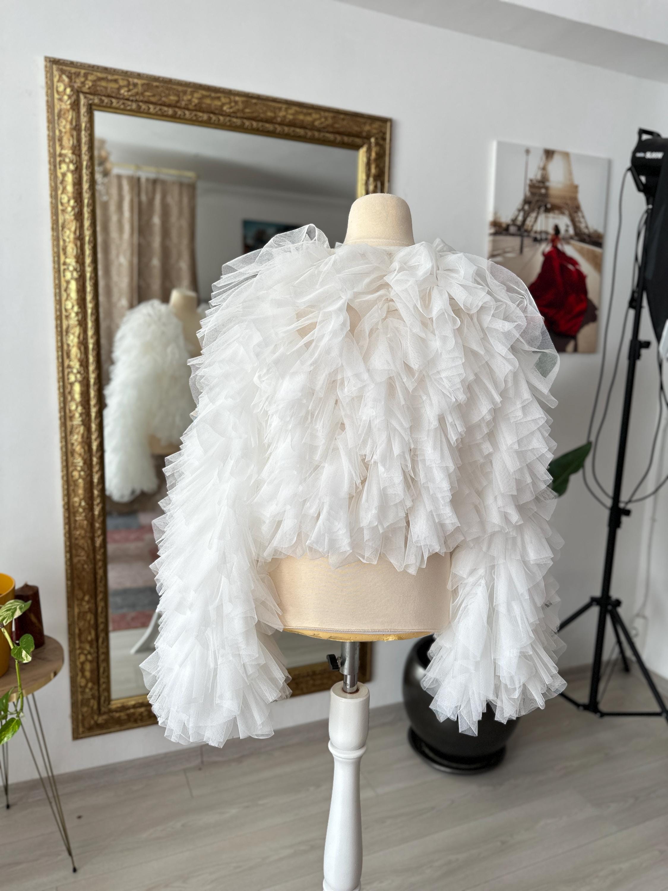 Eva White Tulle Ruffle Crop Jacket - Long Sleeve Wedding Bolero