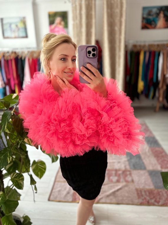 【MAISON ELLIE】tulle frill zip blouson Andrea Tulle Ruffles Sleeves Bolero in Sweet Pink Color