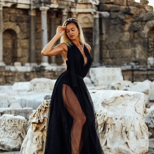 Tüll offenes Kleid, Trikot mit Rock für Fotoshooting, Schwarzes Kleid mit offenem Rücken und maxi lange fließende fließende Zug