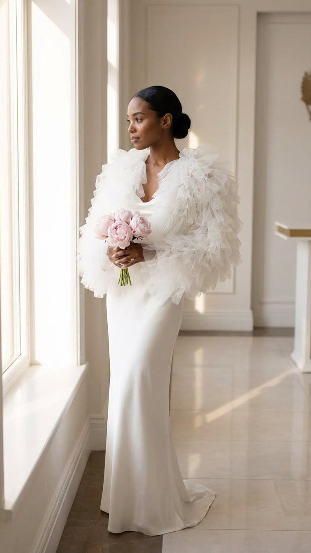 Eva White Tulle Ruffle Crop Jacket - Long Sleeve Wedding Bolero