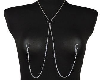 Nipple jewelry non piercing chain, sexy body chain O-ring necklace, nipple clamps, fake piercing, discreet day jewelry
