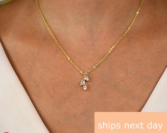 Dainty Leaf Necklace: Minimalist Crystal Pendant, Silver & Gold