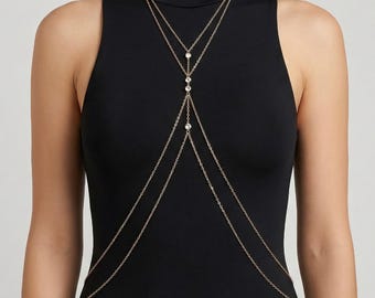 Layered Body Chain with Cubic Zirconia, 18K Gold Plated Chain, Handmade Festival Jewelry, Gift For Her