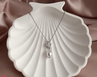 Dainty Pearl Necklace: Leaf Crystal Pendant, Minimalist Bridal Accessories