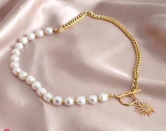Pearl Chain Necklace with Sun Pendant: Trendy Statement Jewelry