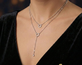 Dainty Sterling Silver Layered Necklace: Crystal Circle Pendant