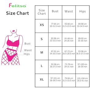 May include: Size chart for clothing with measurements in inches and centimeters. The chart shows sizes XS, S, M, L, and XL with corresponding bust, waist, and hip measurements.