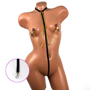 Bodysuit with nipples clamps chain, strappy lingerie for plug, collar lingerie, sexy panties, Valentine day gift for women