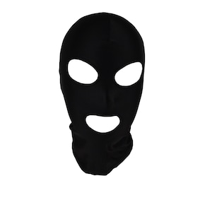 May include: A black balaclava with eye and mouth openings. The head covering is made of a smooth, opaque material. The openings are oval-shaped and reveal the face.