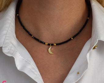 Seed Bead Choker Necklace: Moon Pendant, Cubic Zirconia Crystals