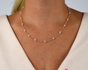 Dainty Pearl Necklace: Minimalist Gold Chain, Bridesmaid Jewelry
