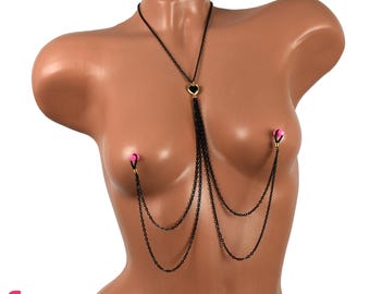 Nipple jewelry non piercing, nipple clamps, sexy body chain, sexy chain necklace to nipple with heart, festival jewelry sensual gift for her