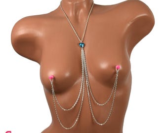 Nipple jewelry chain non piercing, nipple clamps, sexy chain necklace to nipple with heart, sexy body chain, Valentine day gift for women
