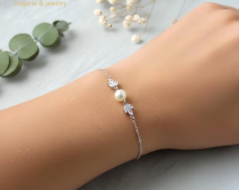 Dainty Silver Bracelet: Pearl, Leaf & Cubic Zirconia - Bridal Jewelry