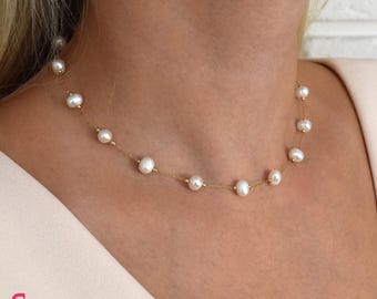 Dainty Freshwater Pearl Necklace: Minimalist Gold Chain Wedding Jewelry