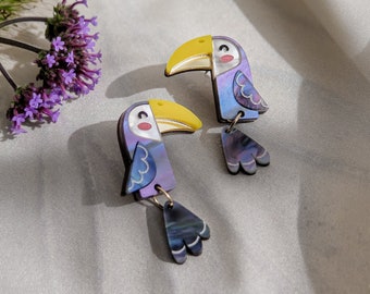 Acrylic Toucan Stud Earrings, cute tiny bird studs with handpainted details