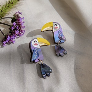 Acrylic Toucan Stud Earrings, cute tiny bird studs with handpainted details